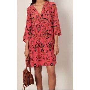 ba&sh Calix Dress Empire Waist Pink  Boho Floral 3/4 sleeve tunic dress Size S